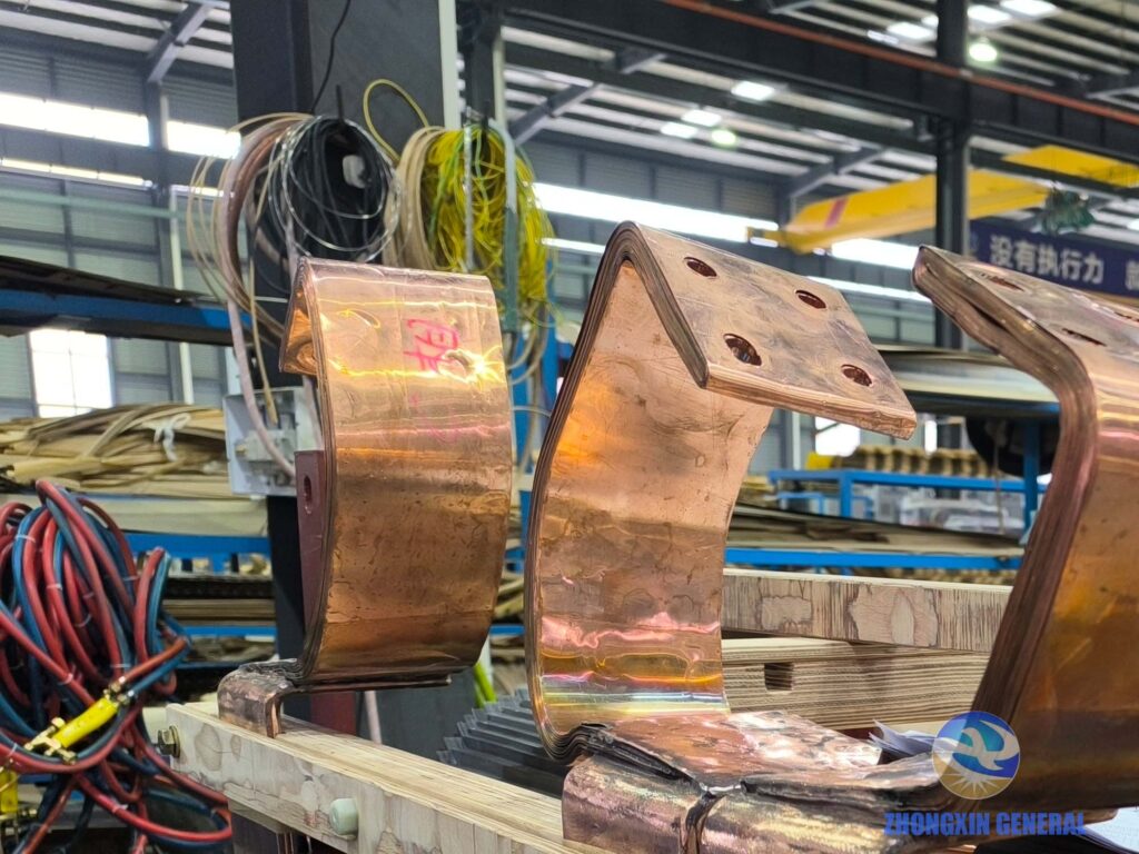 Copper busbar being processed for 4000 kVA oil-immersed transformer connections