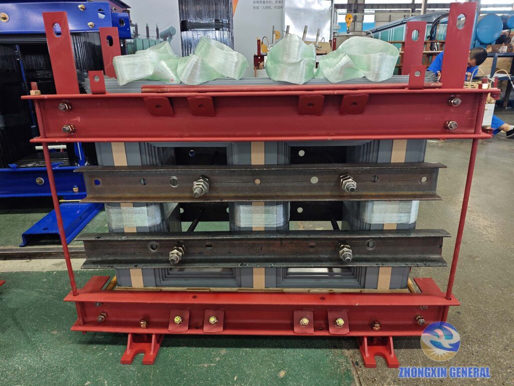 Completed 630 kVA transformer silicon‑steel core ready for winding hoisting and high‑temperature vacuum drying