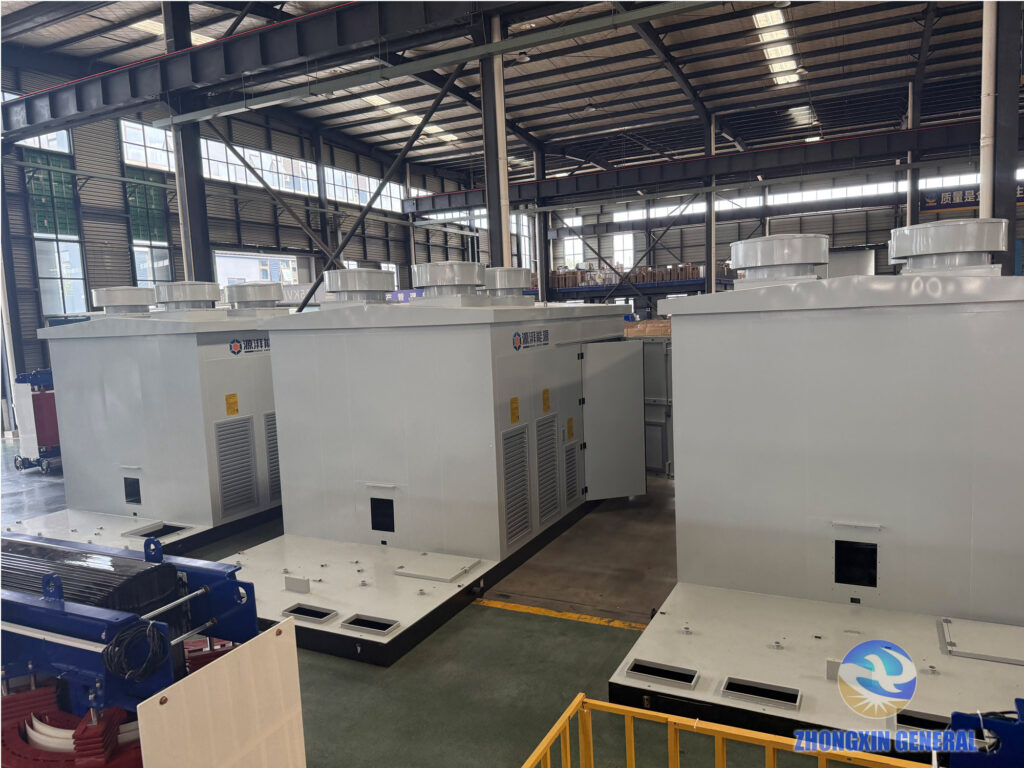 Custom prefabricated cabin substations in final assembly inside the ZHONGXIN GENERAL workshop